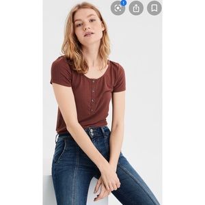American Eagle Henley Crop Ribbed T-Shirt